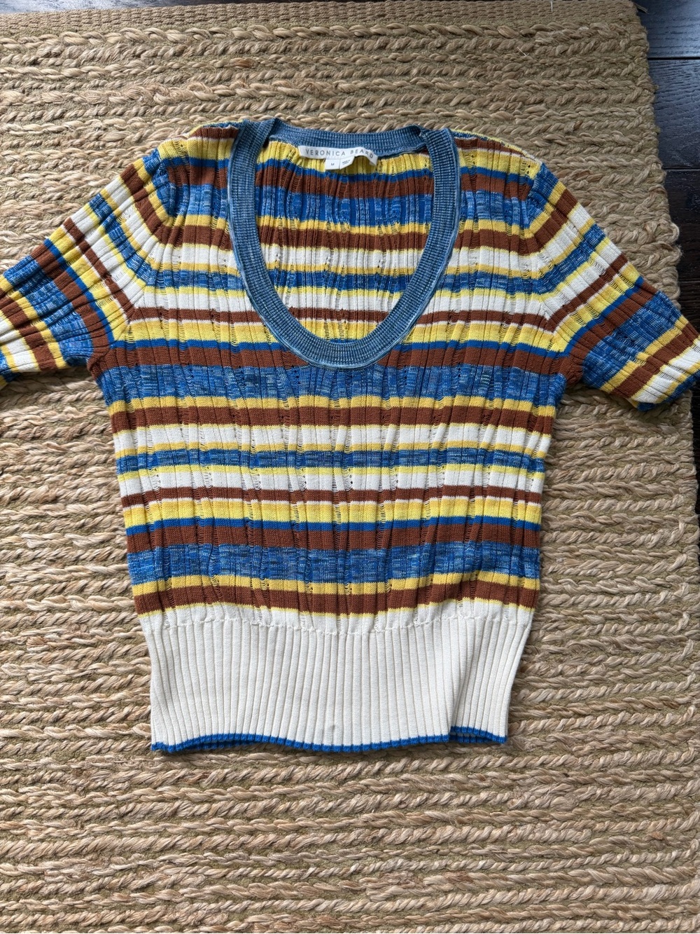 VERONICA BEARD channel knit Short Sleeve Sweater in Blue/Yellow/Brown